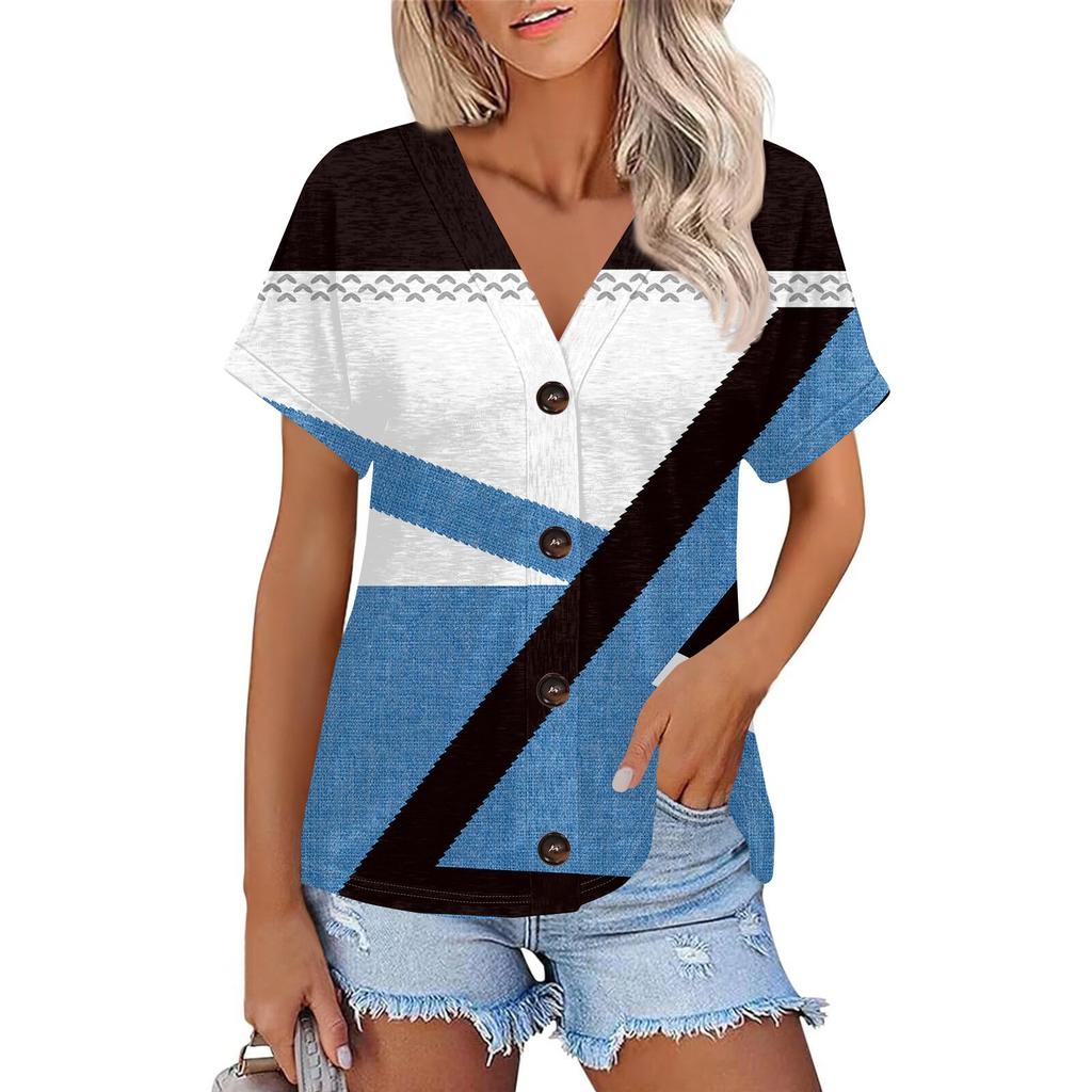 Женская модная футболка с короткими рукавами и V-образным вырезом, цветным принтом в стиле пэчворк, на пуговицах
