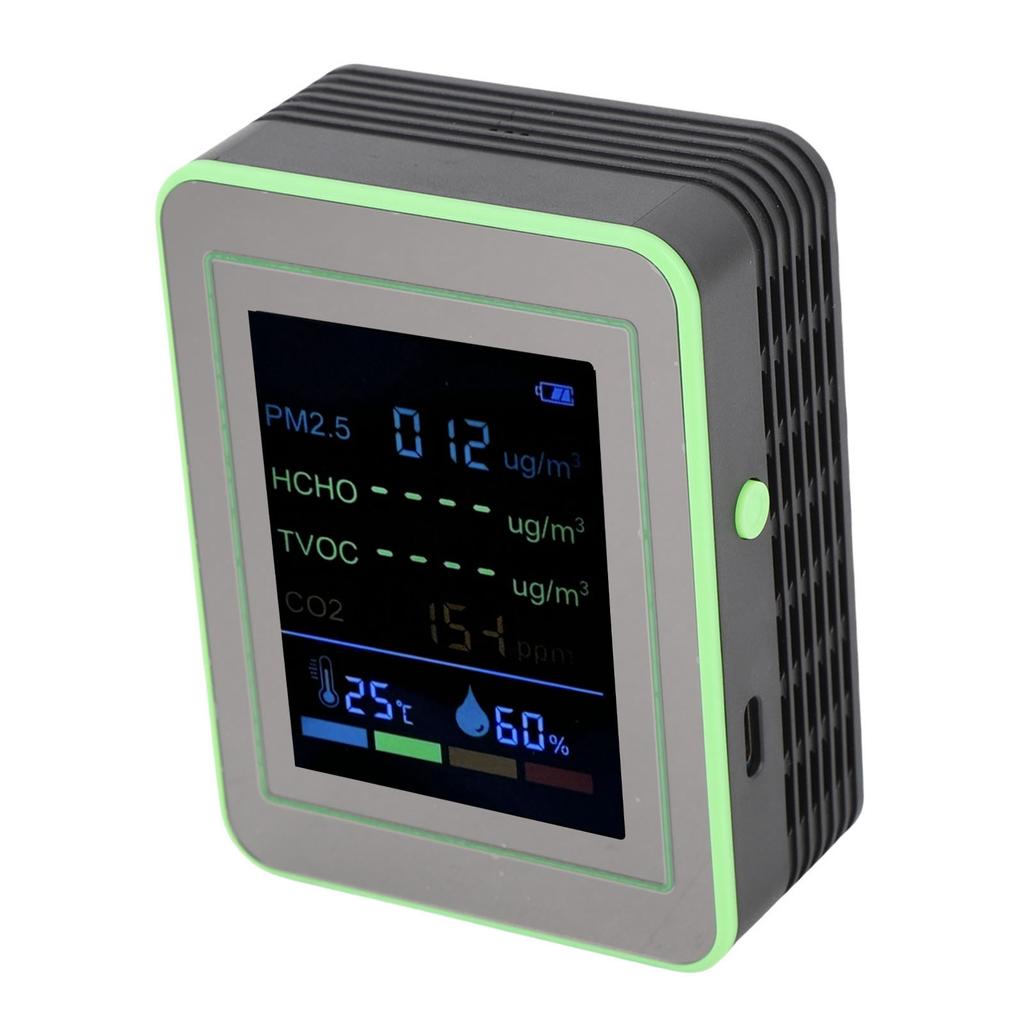 Air Quality Meter 6 In 1 CO2 PM2.5 HCHO TVOC Temp Humid Smart Detect Tester Indoor Battery Powered Black and Green