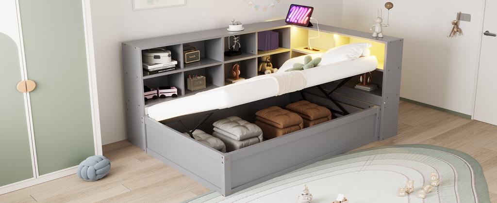 Sofa Bed 90*200, with Multiple Socket and Several Storage Compartments, with Light Strip, Solid Wood Bed, Multifunctional Wooden Bed, Grey.