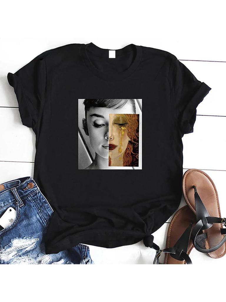 Women's Gustav Klimt& Artistic Fusion Print T-Shirt- Casual Streetwear Short Sleeve Round Neck Tee