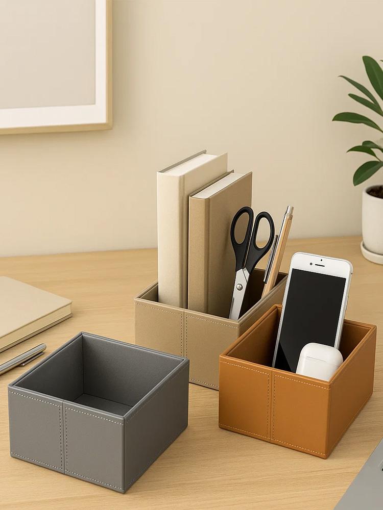 Stackable PU Leather Storage Box, Foldable Desktop Organizer Bin for Office & Home, Minimalist Cube for Makeup Cosmetics Station