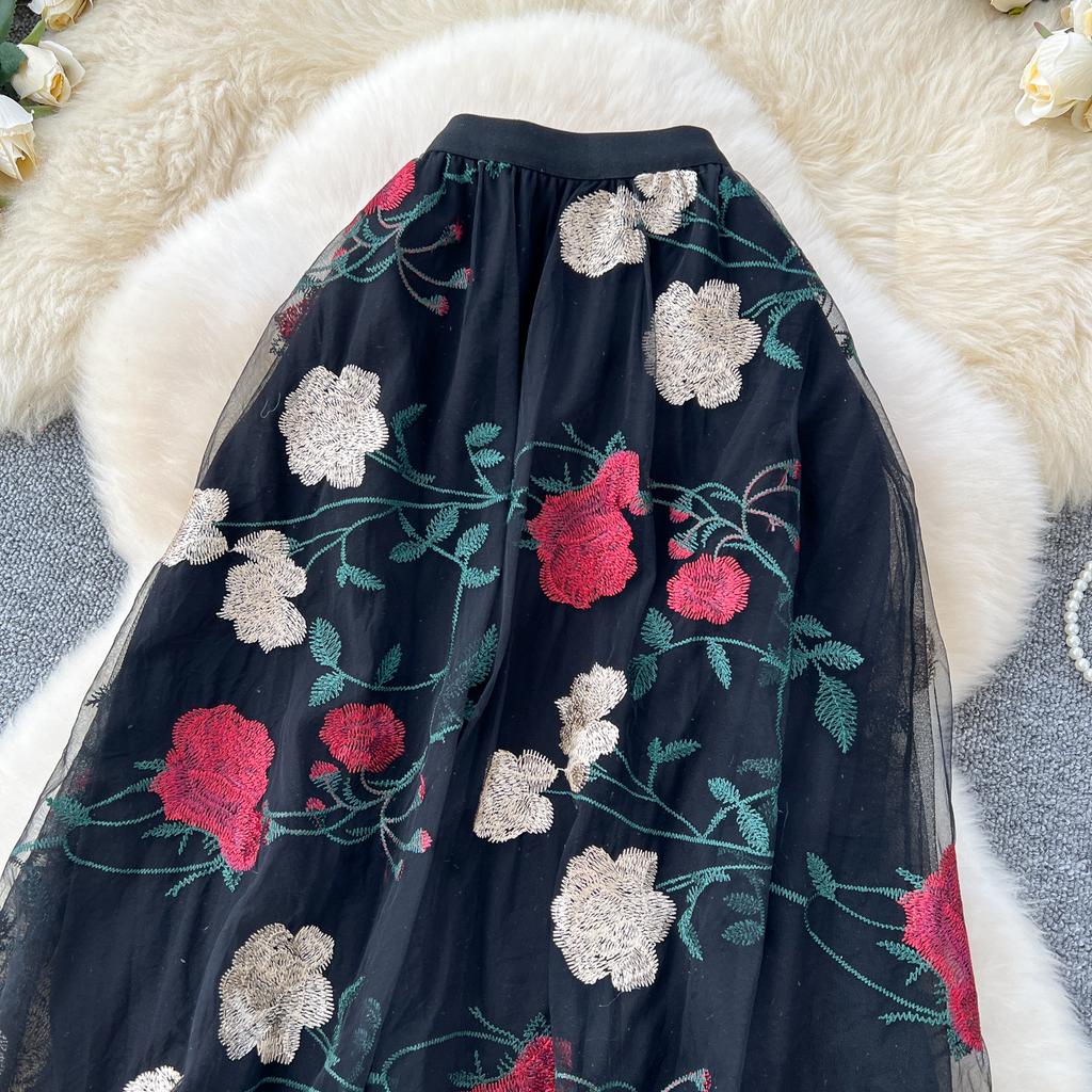 Summer Women Elegant Mesh Embroidery Flower Long Midi Tulle Skirt
