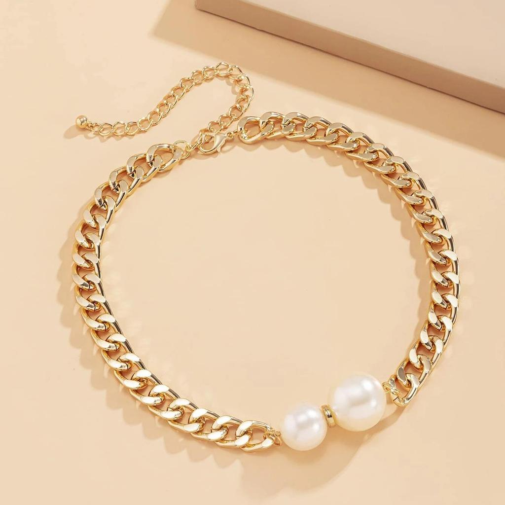 Elegant Imitation Pearl and Geometric Chunky Chain Choker Necklace for Women