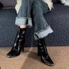 Fashion Versatile Patent Leather Square Head Thin Boots Thick Heel Medium Boots Children's New High Heel Short Boots In Autumn and Winter 2025