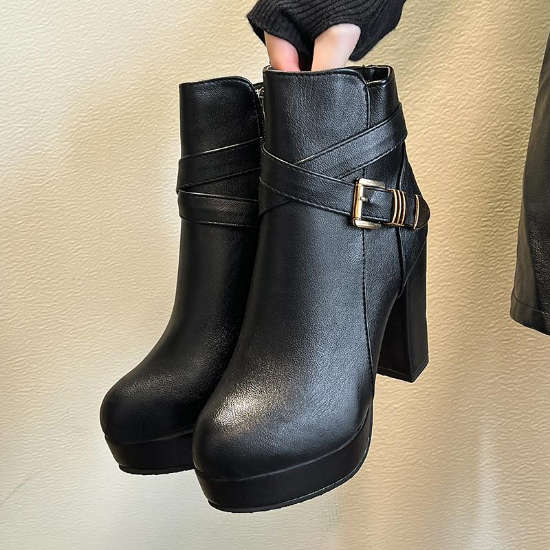 Fashion High Heels Women Ankle Boots Side Zip Fall Winter Platform Ladies Boots Large Size Fashion Shoes Black Beige Buckle Short Botas