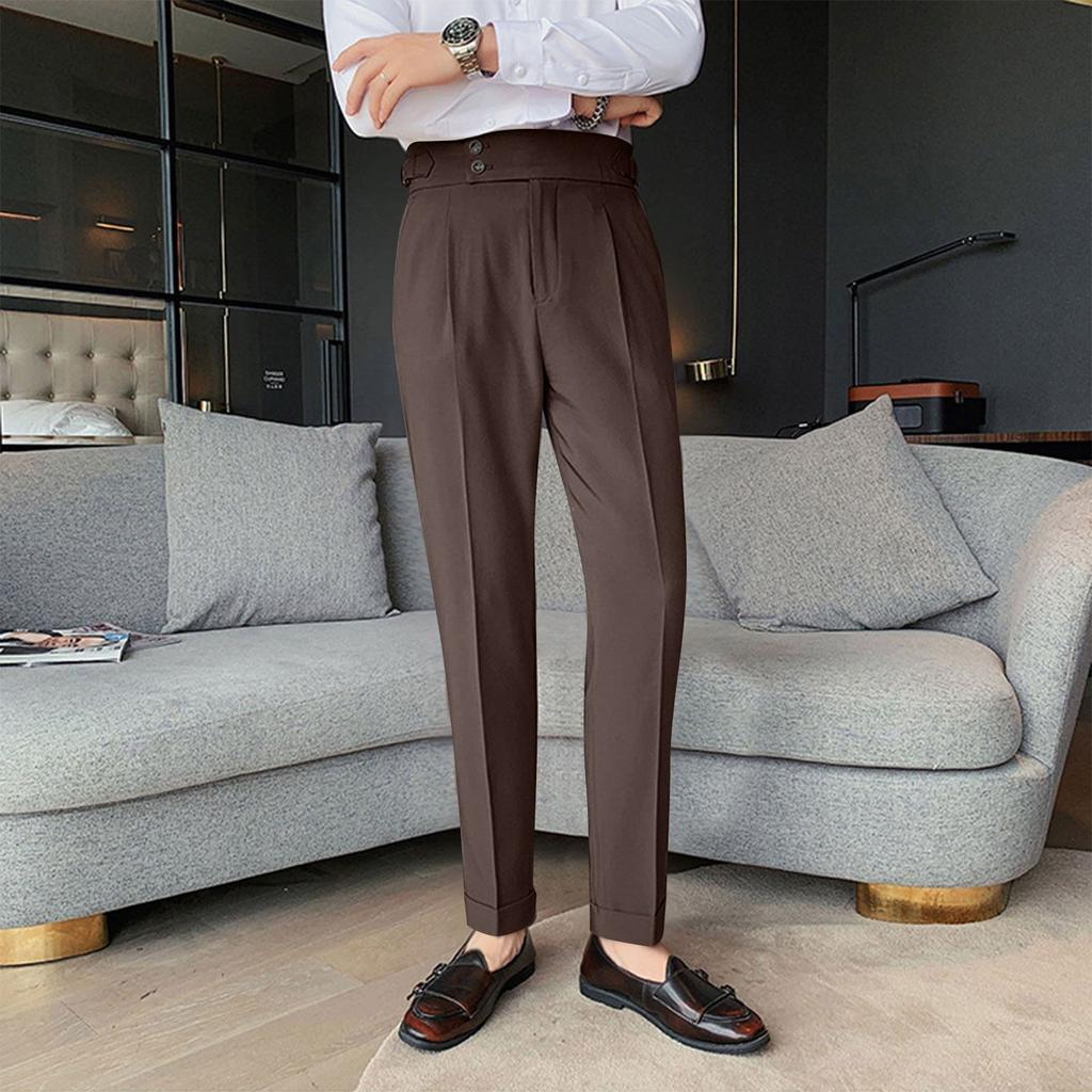 Solid Color High Waisted Pants For Men, Straight Tube Naples Casual Business Italian  Buttoned Long Suit Pants For Men