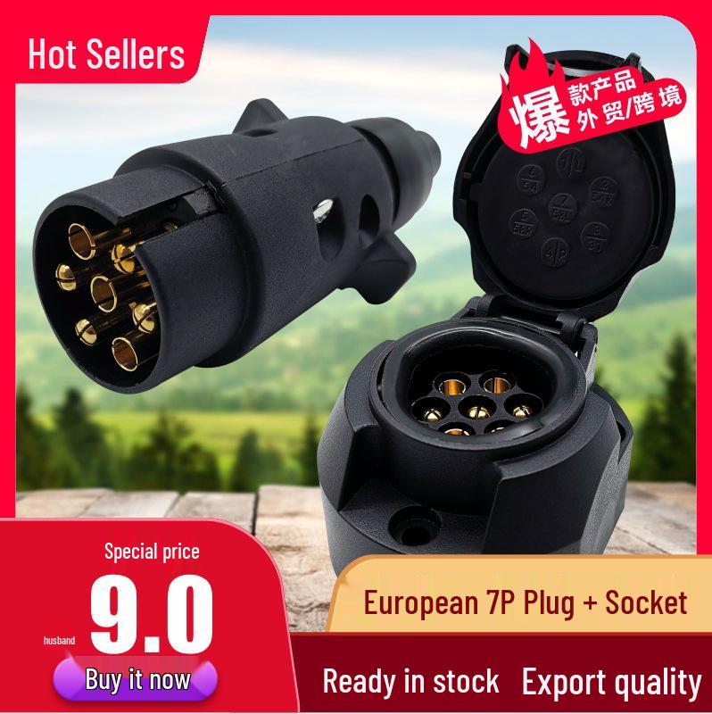 European 7-Pin Nylon Plug Socket with Rubber Pad for RV Trailer