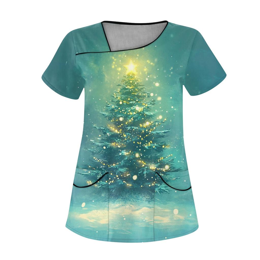 Женская рабочая одежда с рождественским принтом, покатый воротник и двухслойные карманы, базовый пуловер сверху