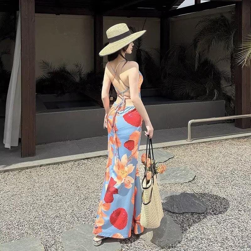 Dopamine sexy print vacation dress women's new island suspender skirt slim backless strap skirt