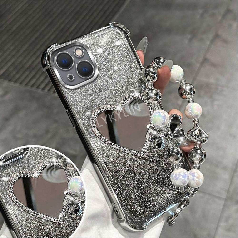 Bead Bracelet Shockproof Phone Case For Samsung A36 A16 A06 A15 A25 A35 A55 A14 A24 A34 A54 A05 Glitter Heart Mirror Soft Cover
