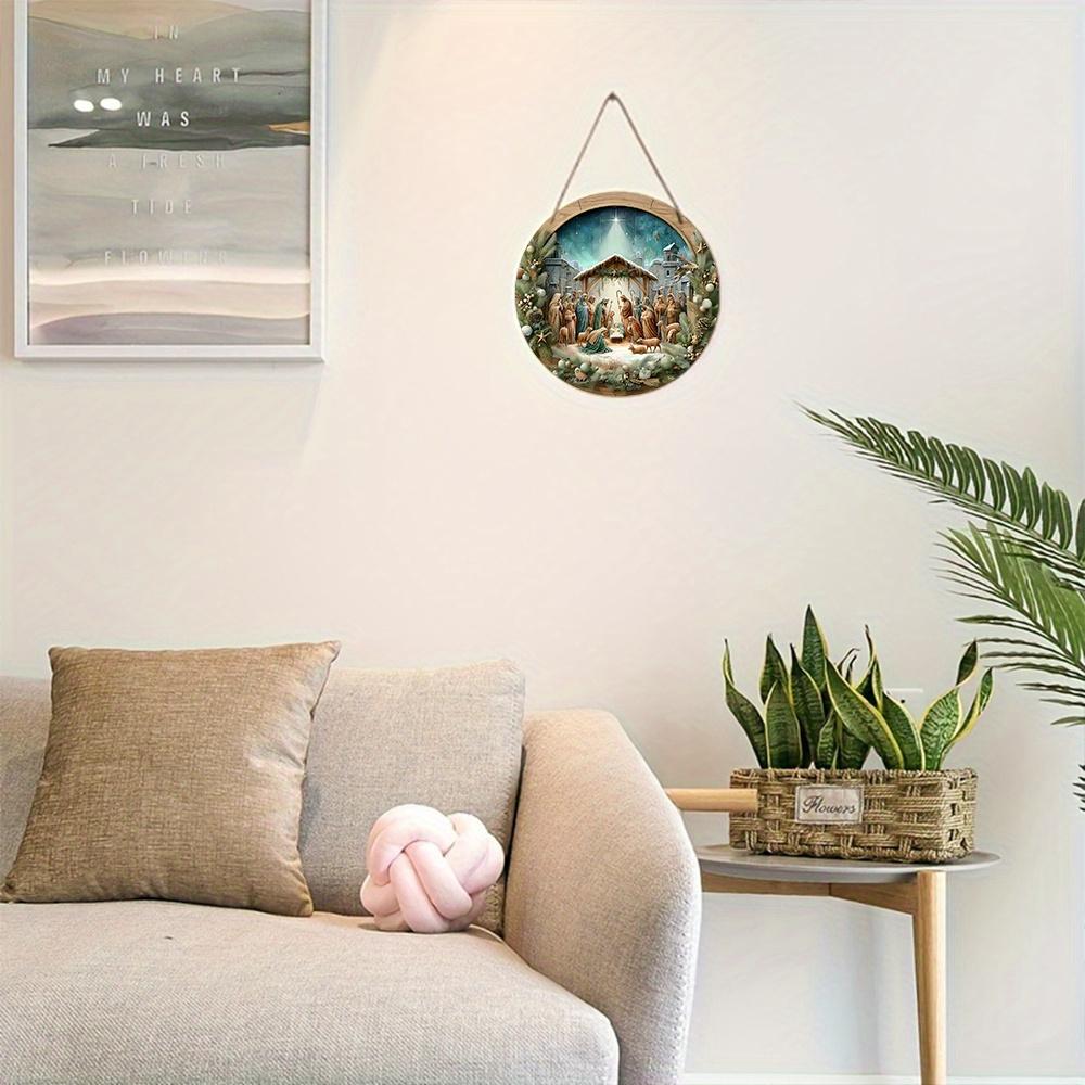 Деревянная сцена, деревянная вывеска, венок Иисуса, круглая вывеска для церковной двери, настенный декор, идеальный подарок для двери, стены, дома, комнаты, фермы, улицы, магазина