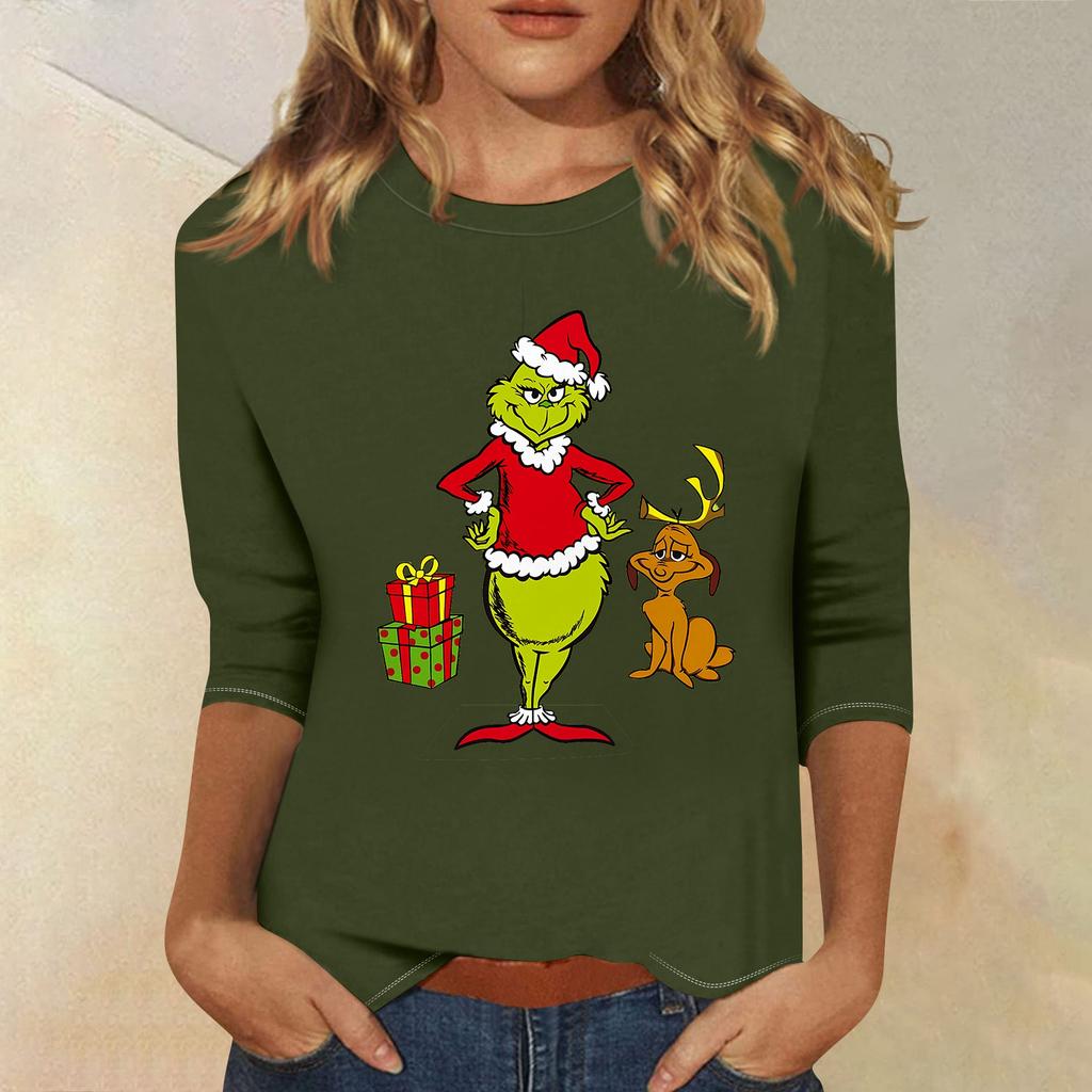 3/4 Sleeve Tops For Women T-Shirt Casual Christmas Print Tops T Shirt Round Neck Pullover Blouse