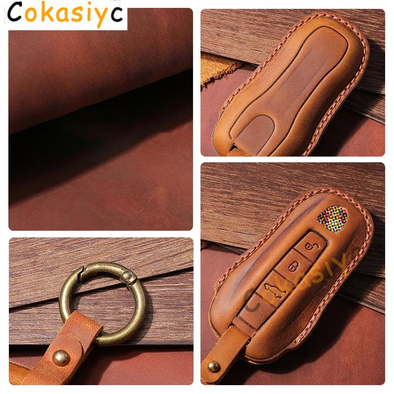 AABKR1 Leather Car Key Case Cover For Porsche Macan 911 Panamera Cayenne 2018 Replacement Boxster 986 987 981 Remote Fob Shell Keychain