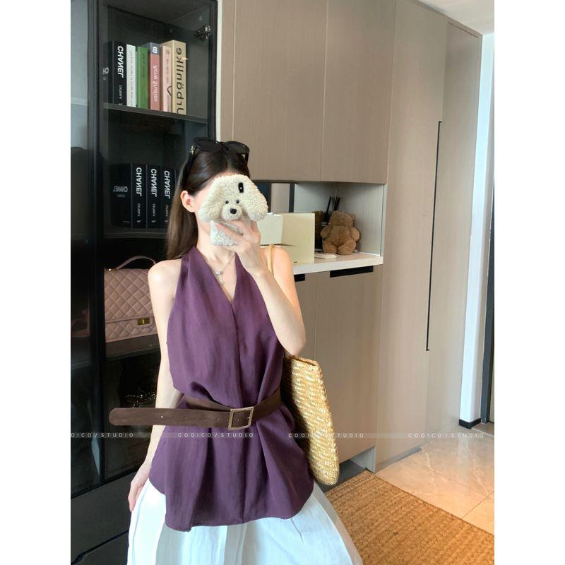 Kumikumi French style Temperament White V-neck Vest Sling Women clothes Summer Niche Versatile Waist Hugging Slimming Top