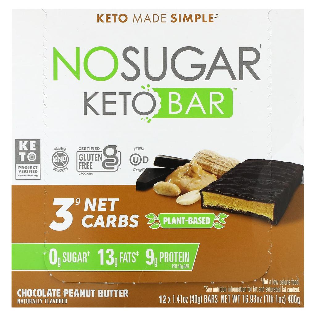 No Sugar Company, Keto Bars, Chocolate Peanut Butter, 12 Bars, 1.41 oz (40 g) Each