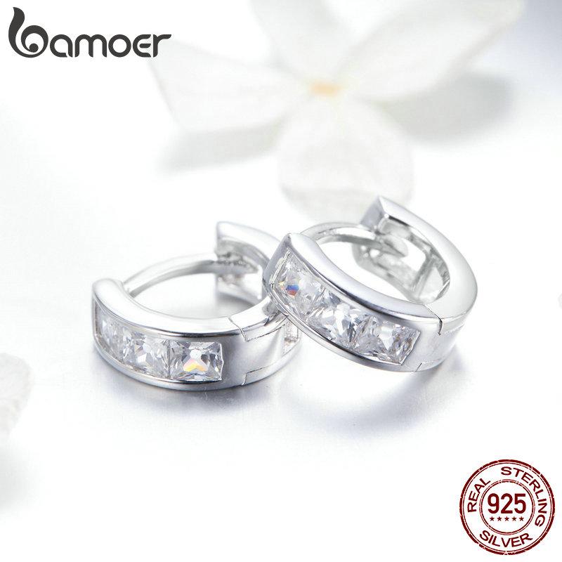 BAMOER Genuine 925 Sterling Silver Dazzling Cubic Zircon Geometric Small Stud Earrings for Women Sterling Silver Jewelry SCE515