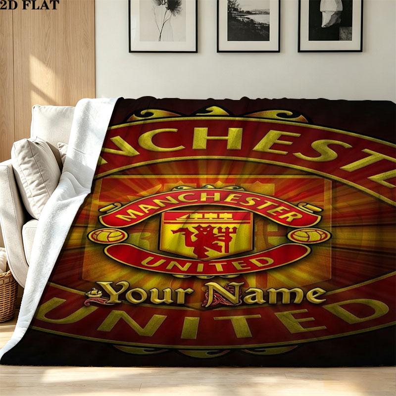 1 шт. Фланелевое одеяло с узором и возможностью кастомизации имени Manchester United F. Подходит для всех сезонов. Для домашнего декора. Тепло и уют. Подарки. Праздничный подарок.