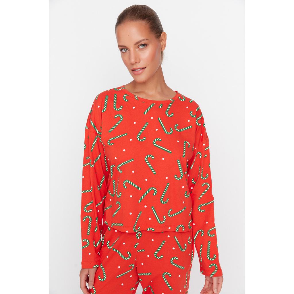 Темно-синий вязаный пижамный комплект с новогодним принтом Thmaw21pt0771