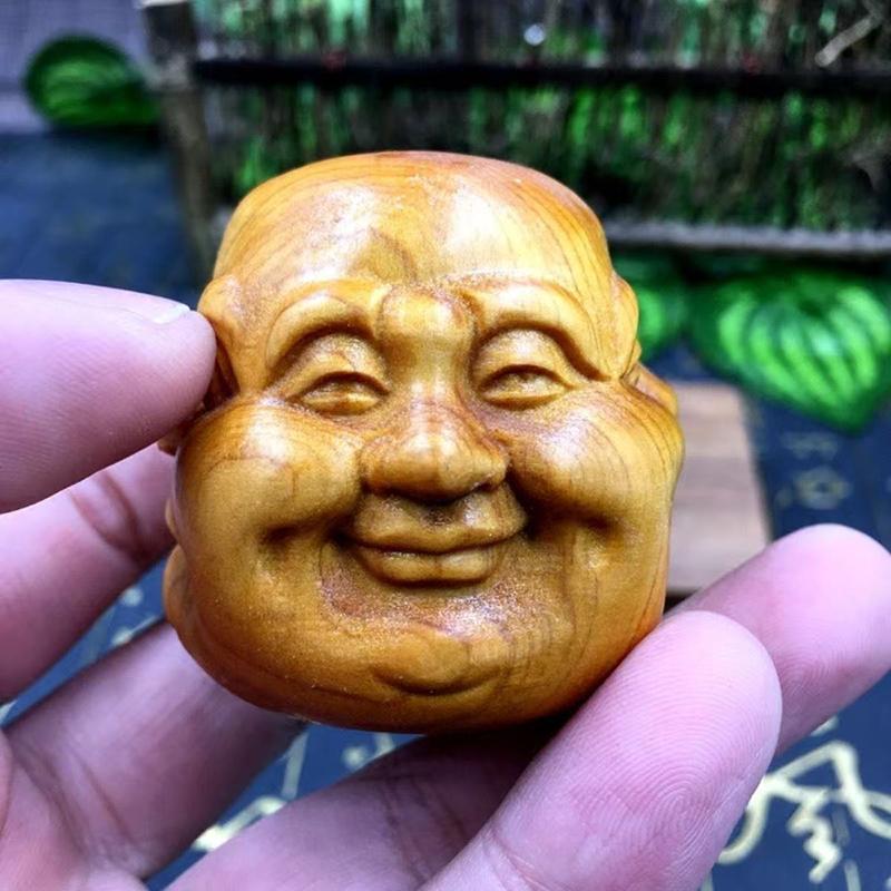 Chinese Style Cliff Cypress  Wood Carving with Four Sided Buddha Decorations of Joy, Anger, Sorrow, and Music People Expression