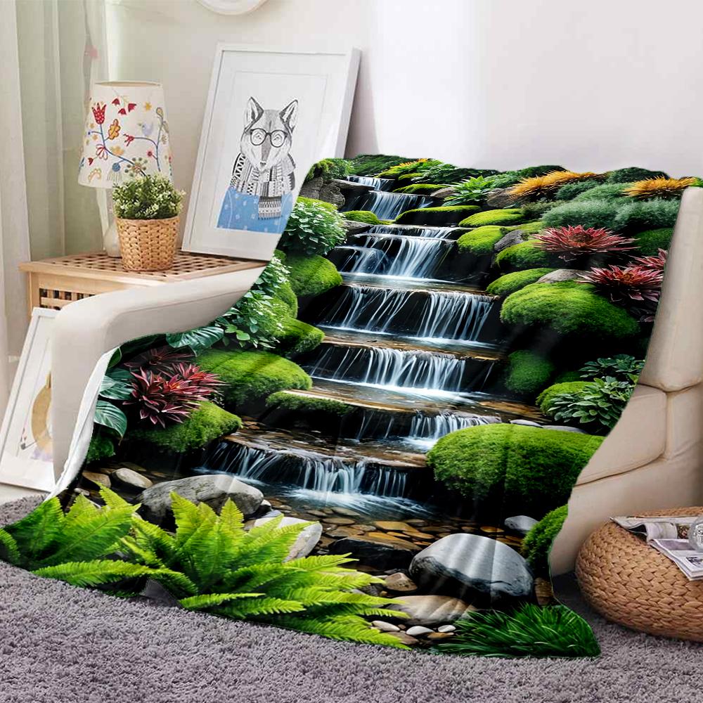 1Pc Waterfall Lush Garden Blanket Soft And Comfortable Casual Warm Camping Travel Christmas Halloween Xmas Gift M92859