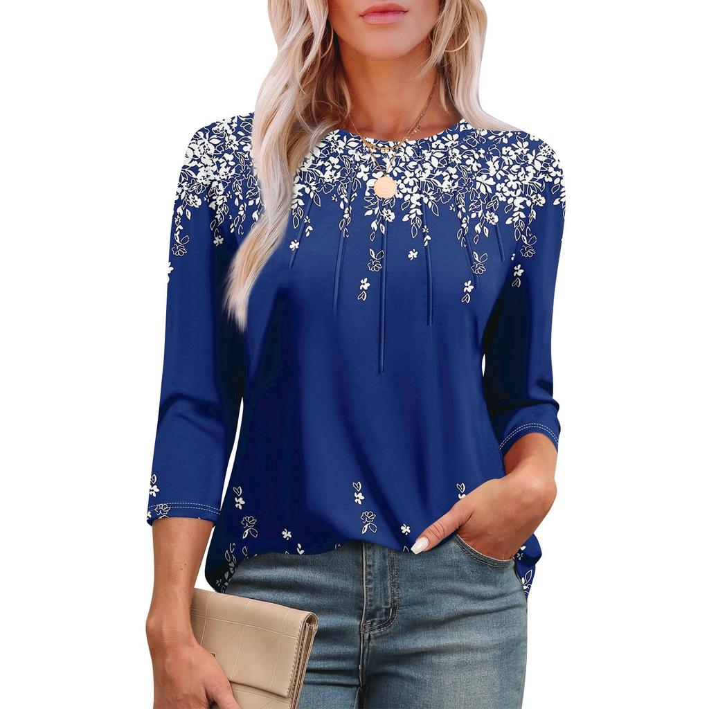 Женская модная футболка с круглым вырезом и рукавом 3/4 с принтом, повседневная, базовая, плиссированная, пуловер