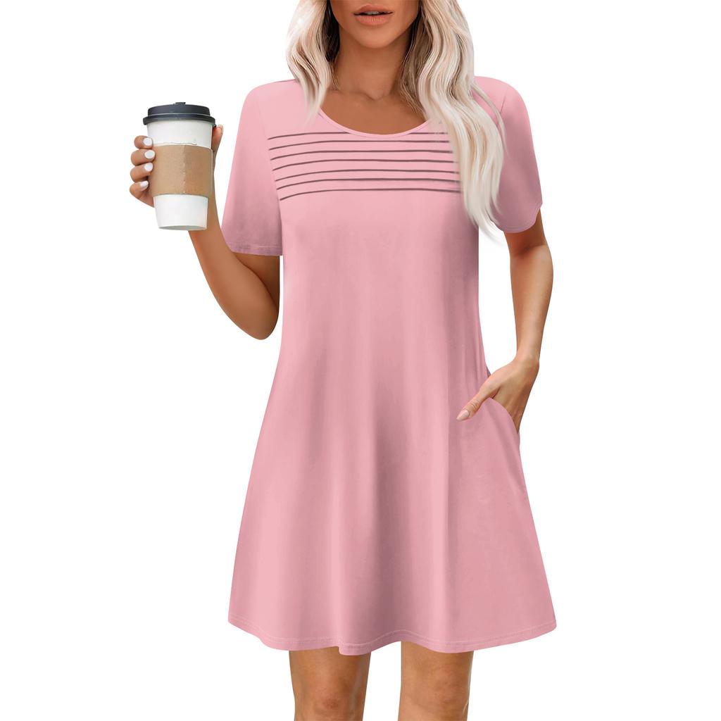 Women's Summer Casual Round Neck Pleated With Pockets Solid Color Short Sleeve Dresses