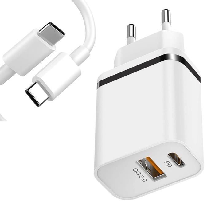 Chargeur Secteur - e.F.Connection - 2 Ports PD+QC 3.0 - Câble USB-C 1M - Noir/Blanc
