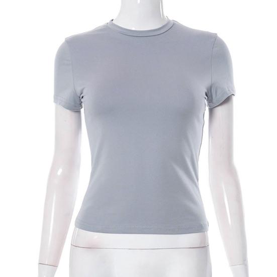 Women Tee Shirt Round Neck Short Sleeve Pullover Tops Slim Fit Solid Color T-shirt Streetwear