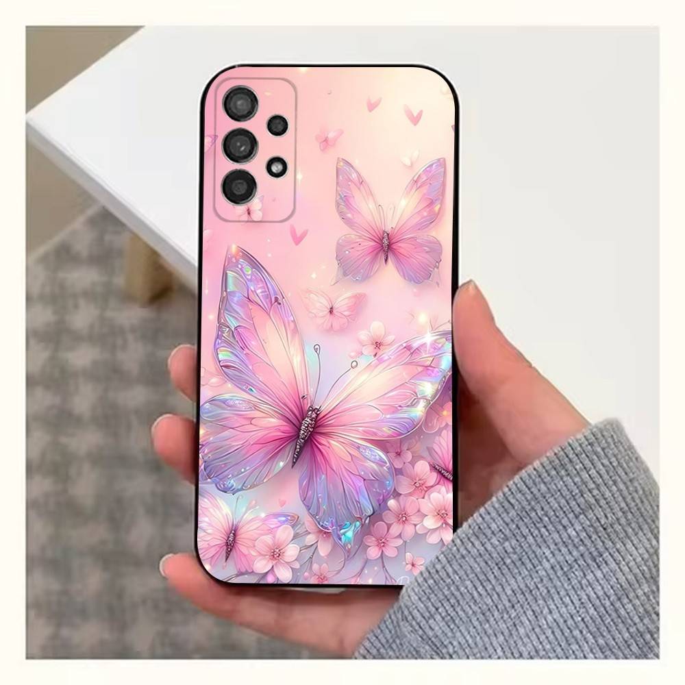 Pink Butterfly Pattern Phone For Samsung S22,S25,S24,S23,Ultra,FE,Plus,S21,S20,S10,S9,Lite,Soft Silicone Black