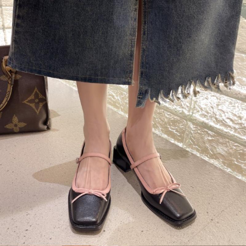 Туфли Мэри Джейн на толстом каблуке с квадратным бантом в сказочном стиле для женской весны 2024 года
