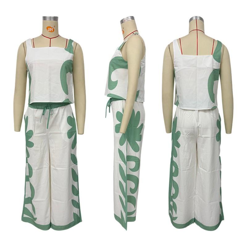 Womens Short Crop Top Wide Leg Pants Set Floral Print Casual Outfit