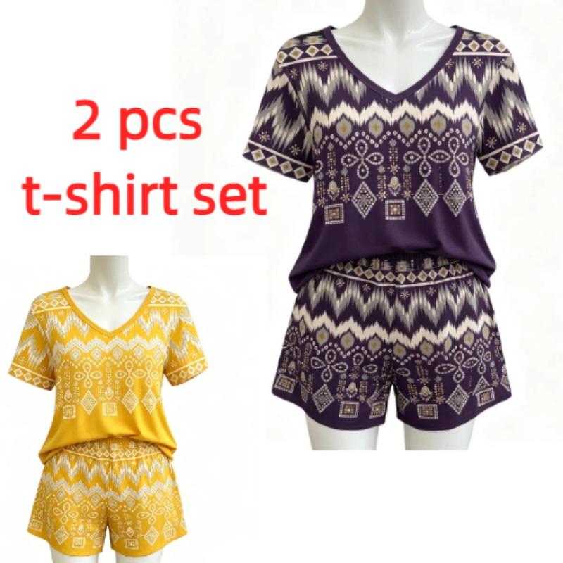 Summer Bohemian Elements Patterns Printed V Neck Short Sleeved T-Shirt And Shorts Set Women's and Men's T-shirt Shorts Set