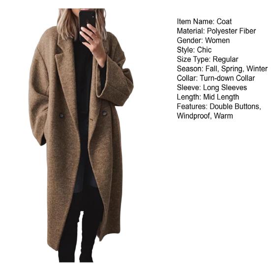 Женская шерстяная куртка с отложным воротником, однотонная, с застежкой на две пуговицы, ветровка средней длины, термобелье с длинными рукавами, весна-осень-зима, пальто