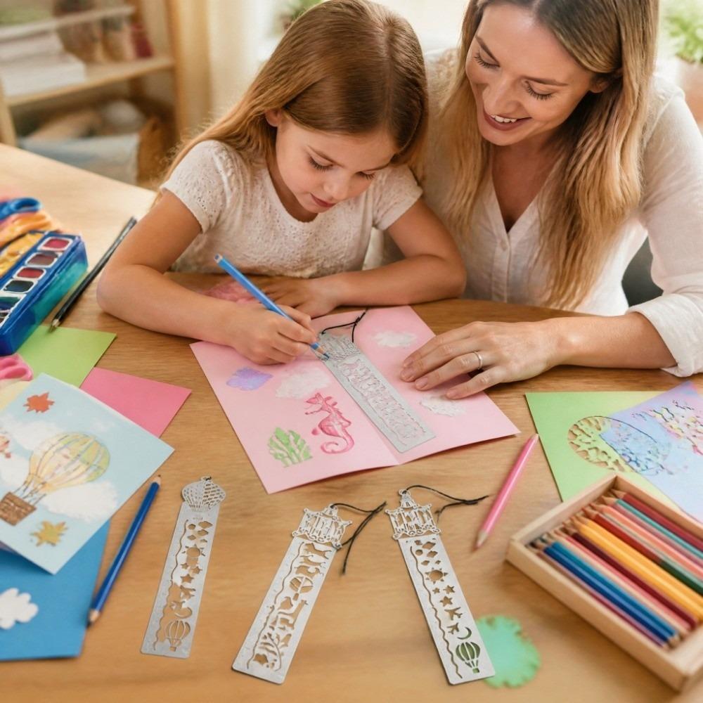 4PCS Multifunctional Stencil Ruler Silver Drawing Template Cartoon Themed Metal Ruler Card Making