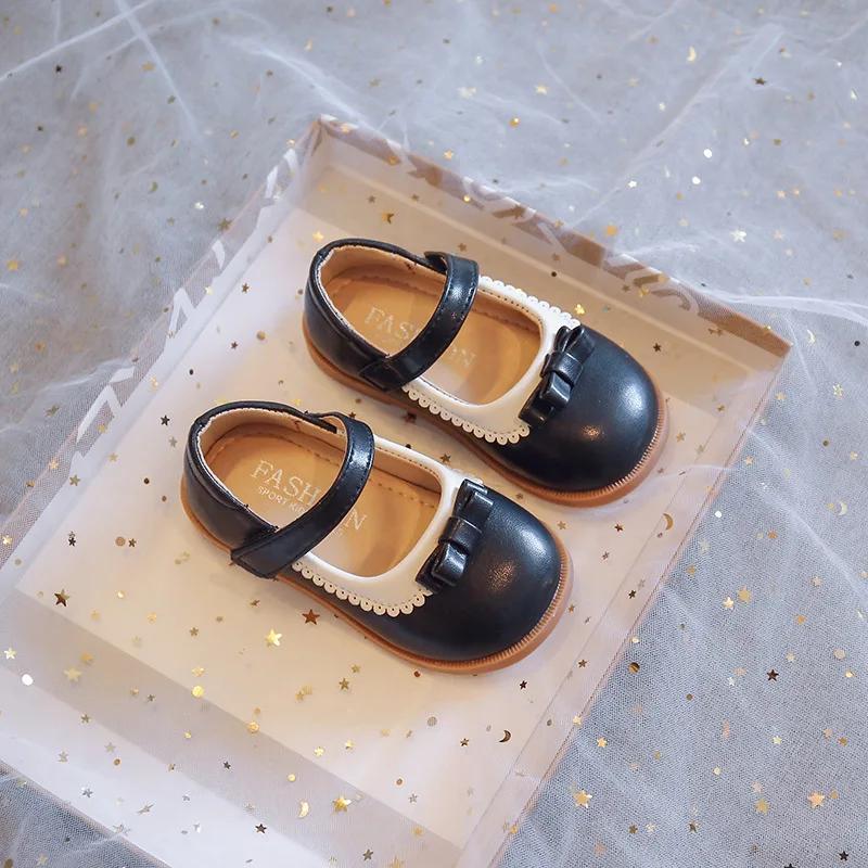 Girls' PU Shoes 2024 Spring Kids New Black Cute Bow Children's Solid Color Loafer Beige Size 21-30