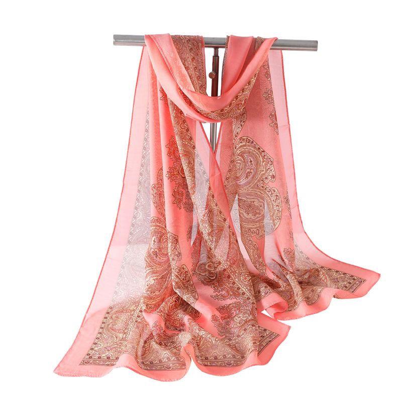 Винтажный длинный шелковый шарф с принтом, длинный шифоновый платок, песочный шарф для женщин, универсальный шарф для защиты шеи