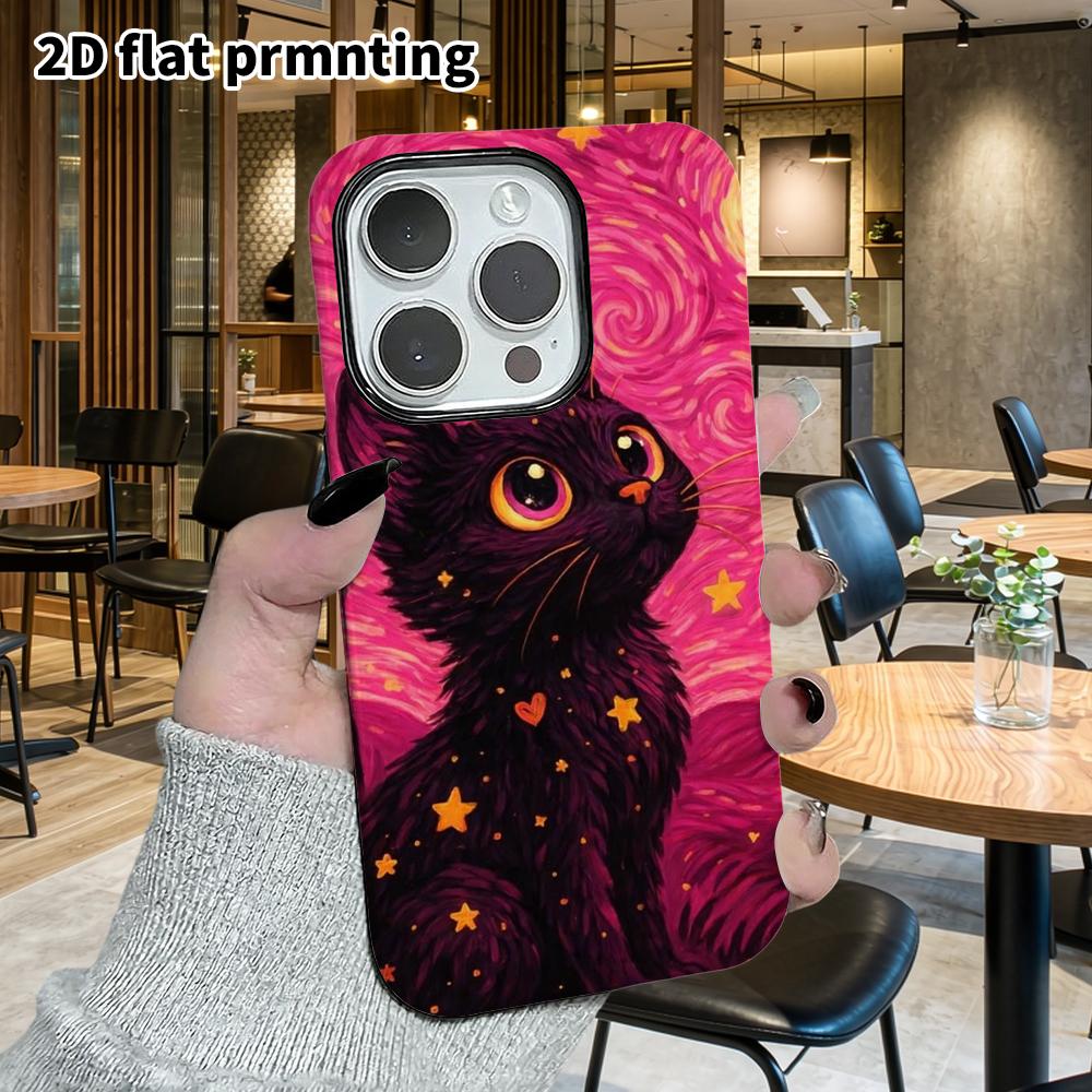 Phone Case: 2D flat design suitable for iPhone 18 17 16 15 14 13 Pro film protective case, couple style, black cat, Christmas and Halloween gift