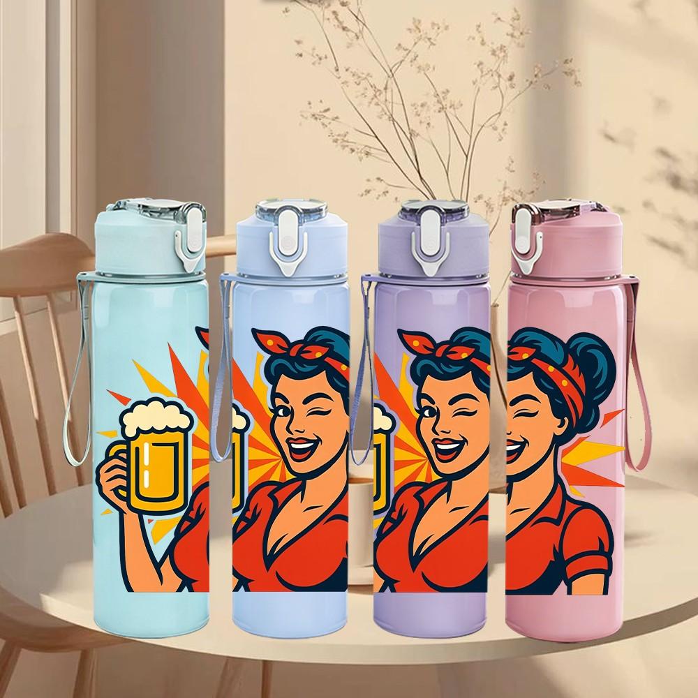 1PC Rosie Riveter Retro Woman Print 750ml Color Plastic Sports Water Bottle Leakproof Flip Straw Lid Suitable for Sports Office Home Use