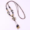 Vintage Bohemian Ceramic Bead Necklace Braided Rope Flower Long Y Necklace Handmade Retro