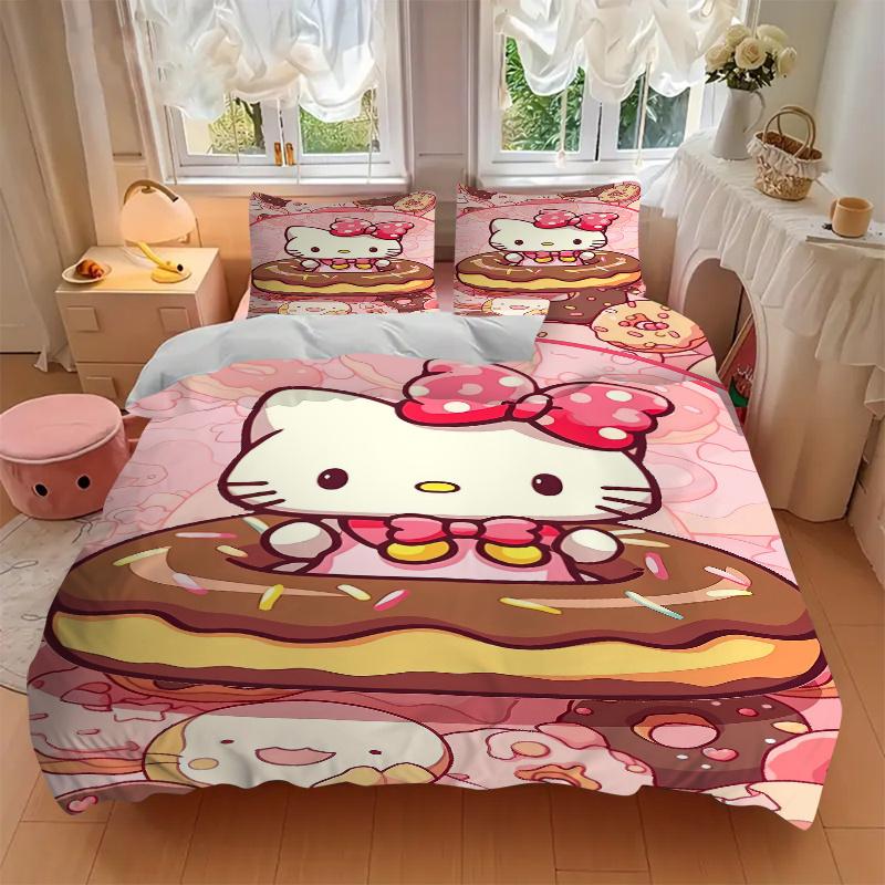 3pcs Sweet Hello Kitty Doughnut Delight Quilt Cover Set - Soft and Cozy Bedroom, Guest Room and Dorm Decorative Bedding 3-Piece Set 1 Quilt Cover