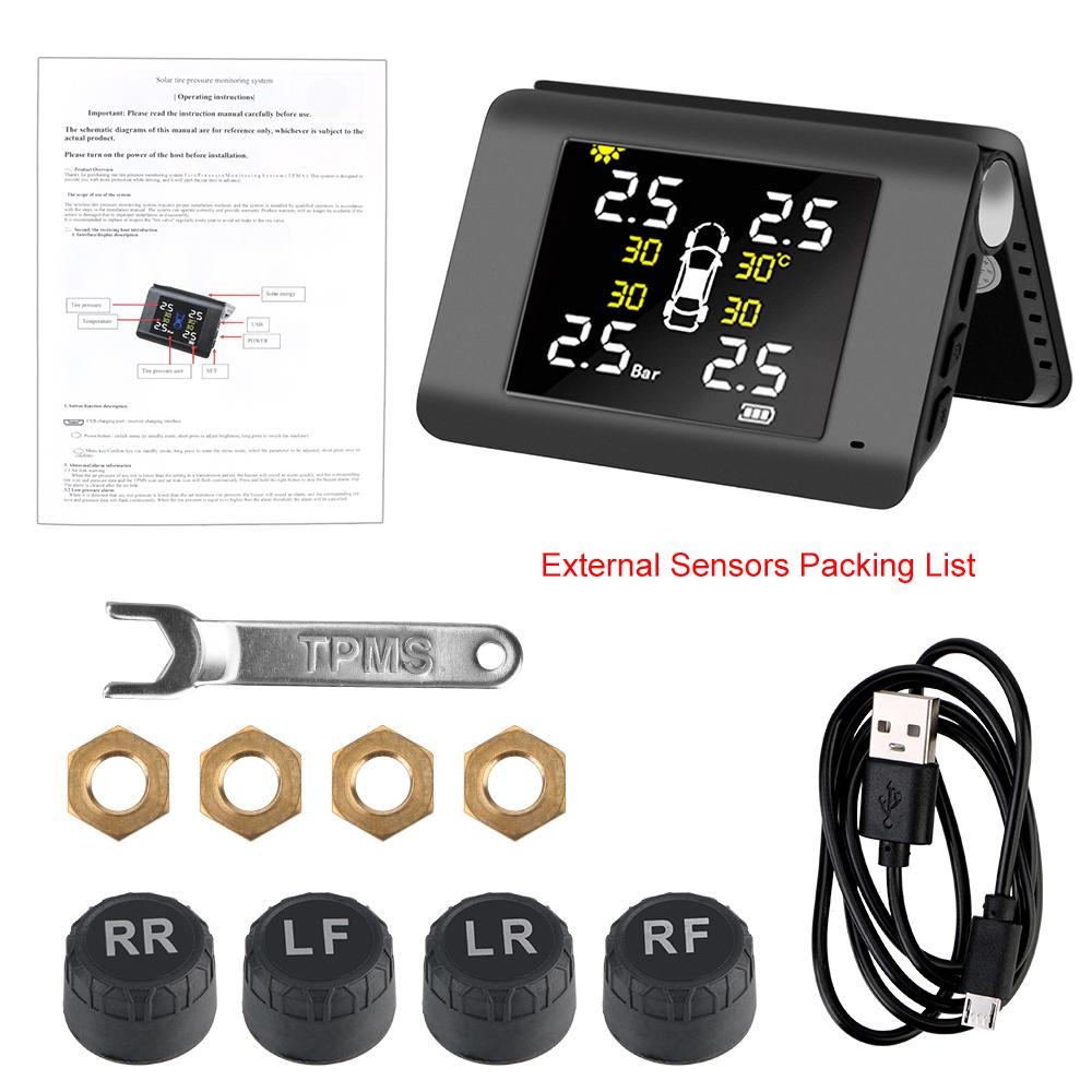 Система мониторинга давления в шинах TPMS с питанием от солнечной энергии, сигнализация низкого давления, светодиодный дисплей, 4 внешних или встроенных датчика