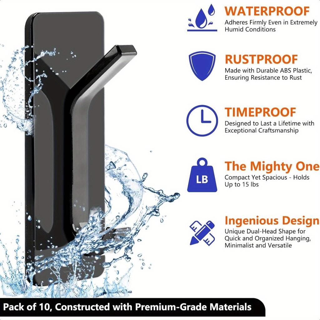 10pcs Easy-Install Adhesive Coat Hooks - Holds Up To 15 Lbs, Perfect for Shower, Bathroom & Kitchen Walls, Glass Doors, Mirrors & Tiles