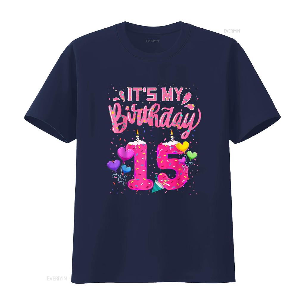 Это Мой 15-й День Рождения Пончик Счастливых 15 Лет Девочка Дети Футболка винтажная Стиранная Стильная Повседневная с принтом Универсальная Мягкая