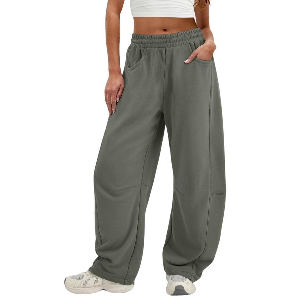 Women's Fashionable Solid Color Elastic Waist Pocket Casual Sweatpants Pants