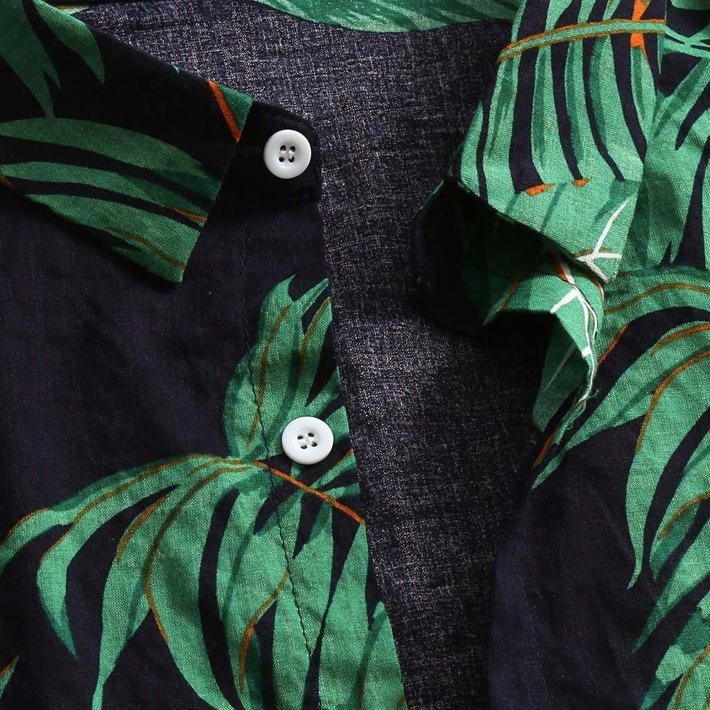 Мужская летняя рубашка в пляжном стиле, гавайские рубашки с принтом зеленых листьев, повседневные блузки с отложным воротником и короткими рукавами, топы