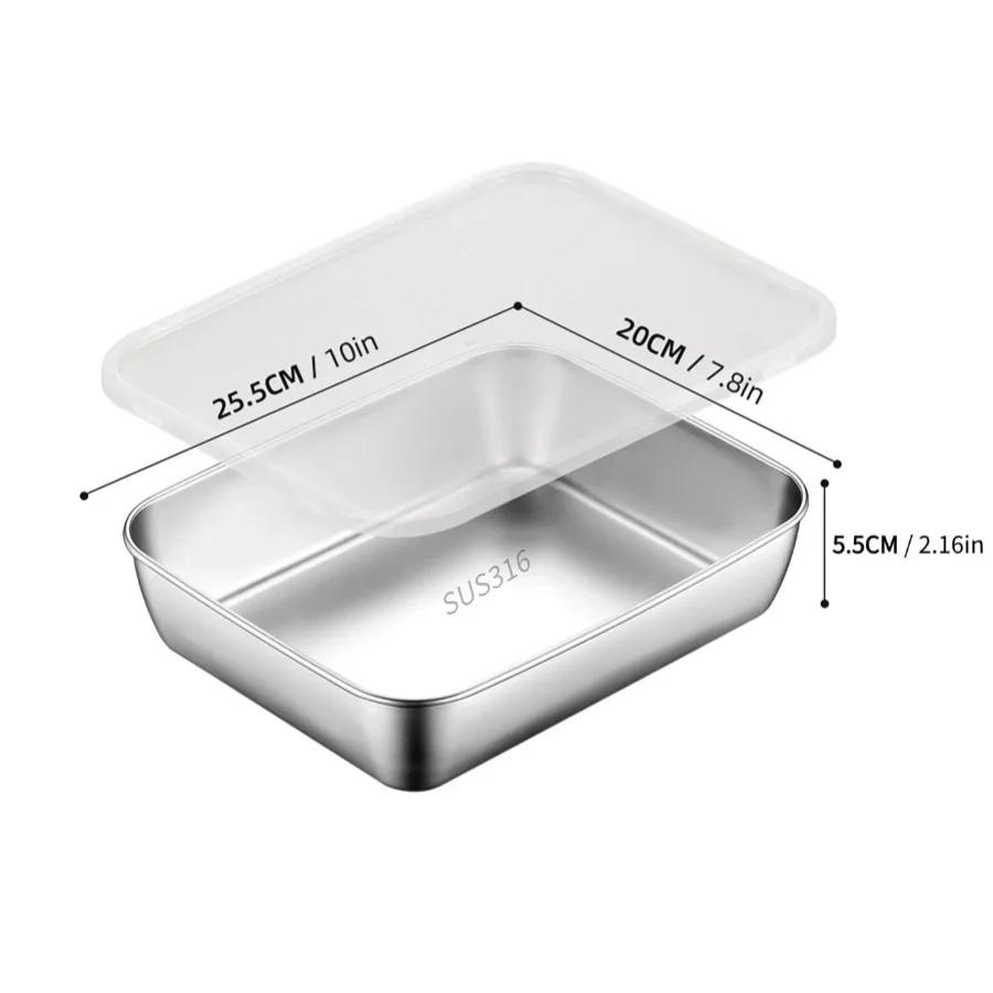 1Pc Thickened Stainless Steel Tray Large Capacity Food Storage Pan with Lid Commercial Dish Tray Freshing Lunch Box Container