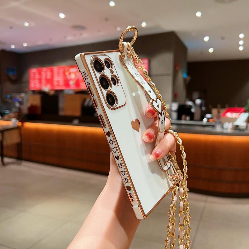 Чехол для Samsung Galaxy S23 S22 S21 Ultra S20 S21FE A14 A54 A13 A53 A23 A52, гальваническая цепочка через плечо, ремешок Love, силиконовый мягкий чехол