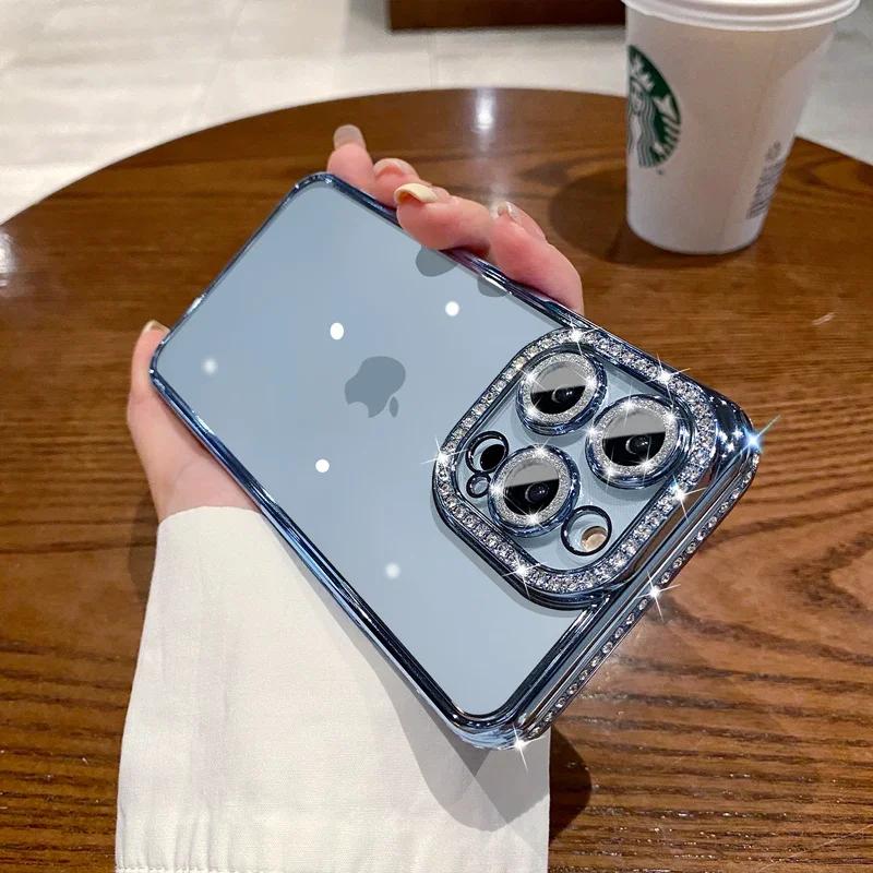 Glitter Diamond Camera Protector Case for For Iphone 14 11 12 13 16 17 Pro Max Air 1 16 Plus X Xr Xs Girl's Silicone Cover