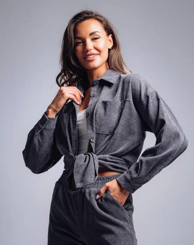 2025 Retro Plus Size Corduroy Shirt and Pants Set for Women