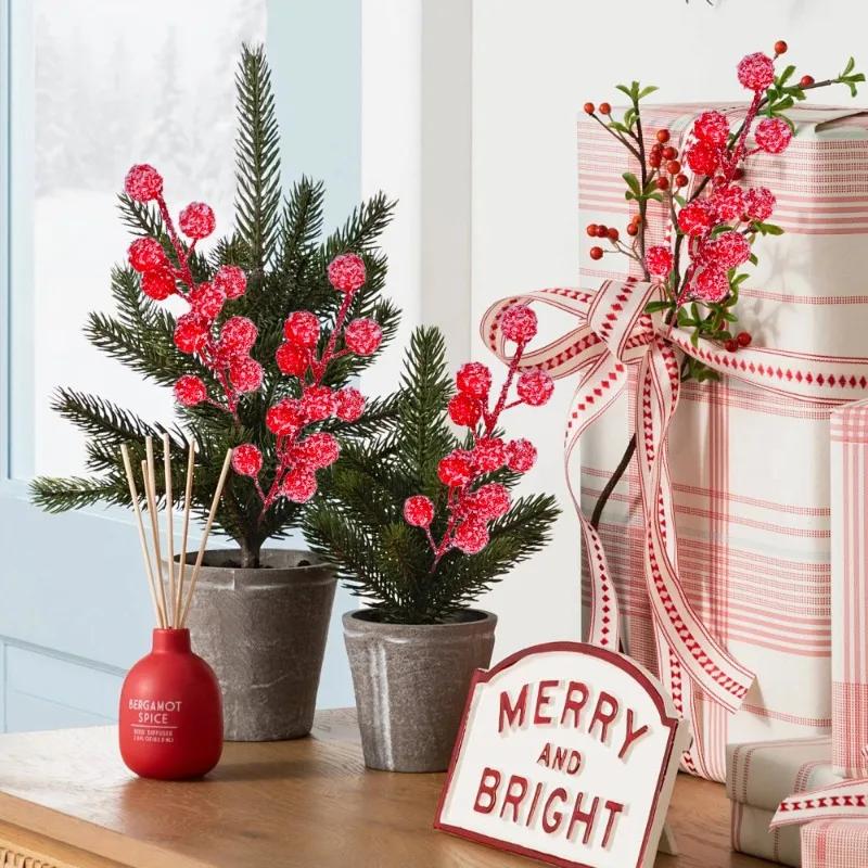 1/30PCS Snow Frosted Red Berry Stems DIY Chritsmas Artificial Berries for Wreath Xmas Tree Ornaments New Year Party Home Decor